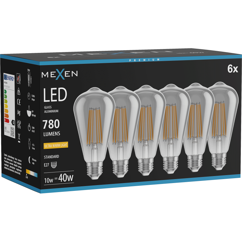 Mexen Vintis 6x Λάμπα νήματος LED E27, ST64, 10W, Θερμή - 2200K, 780 lm, καπνιστή - L152-E27-1022-70x06