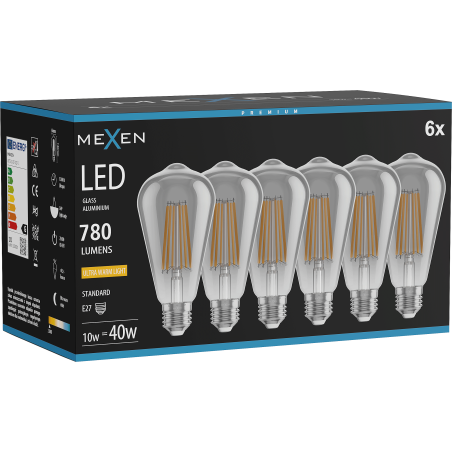 Mexen Vintis 6x LED filamentlamp E27, ST64, 10W, Warm - 2200K, 780 lm, rook - L152-E27-1022-70x06