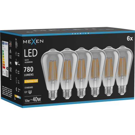 Mexen Vintis 6x LED šķiedru spuldze E27, ST64, 10W, Silta - 2200K, 780 lm, dūmakaina - L152-E27-1022-70x06