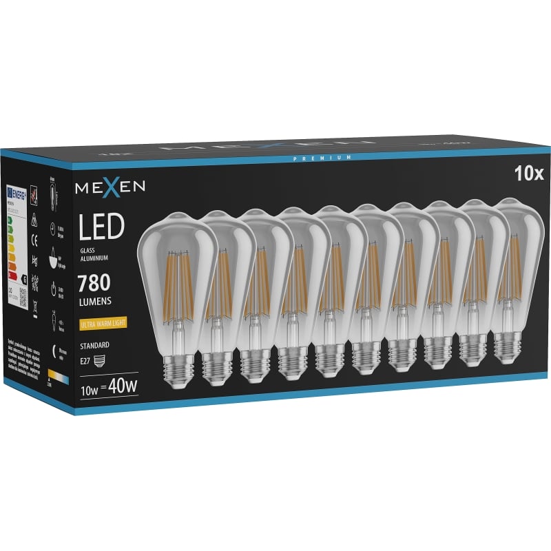 Mexen Vintis 10x Lampadina a filamento LED E27, ST64, 10W, Calda - 2200K, 780 lm, fumé - L152-E27-1022-70x10