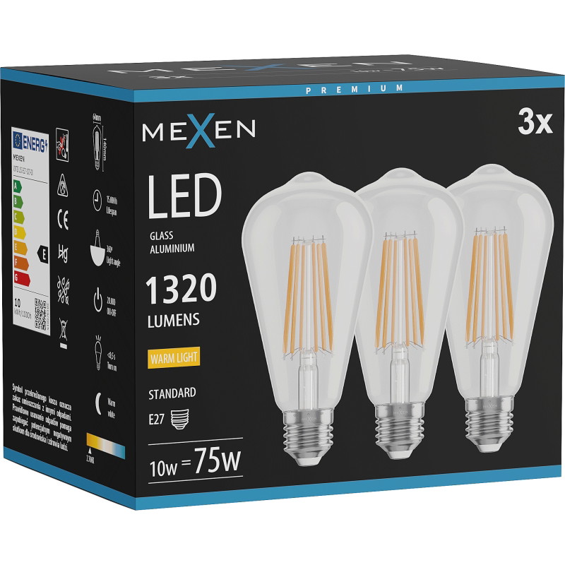 Mexen Vintis 3x Bombilla filamentaria LED E27, ST64, 10W, Cálida - 2700K, 1320 lm, transparente - L152-E27-1027-00x03