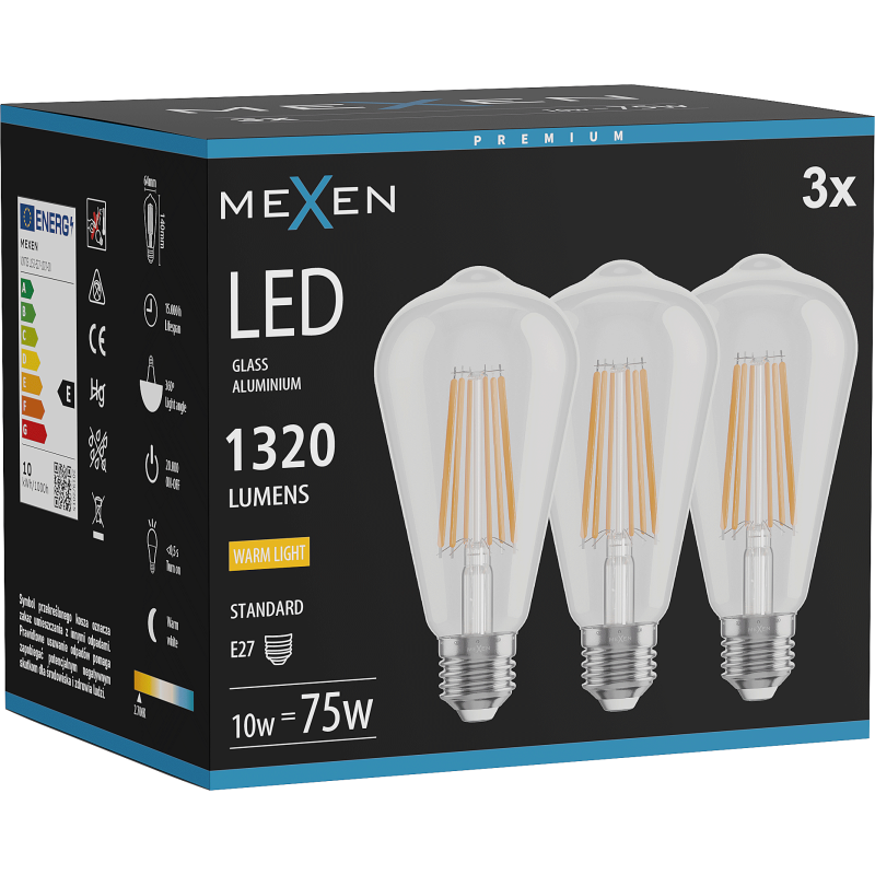 Mexen Vintis 3x LED Filamentlampe E27, ST64, 10W, Warm - 2700K, 1320 lm, klar - L152-E27-1027-00x03