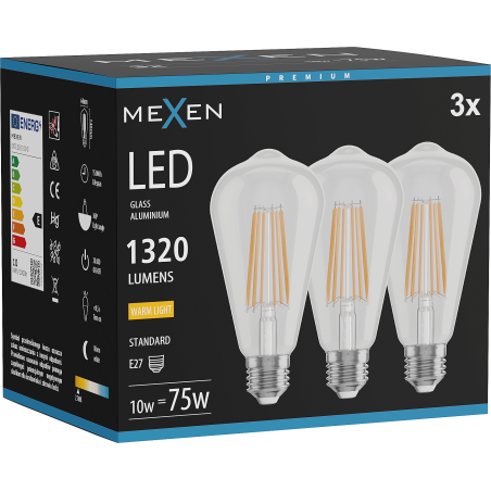 Mexen Vintis 3x Ampoule filament LED E27, ST64, 10W, Chaude - 2700K, 1320 lm, transparent - L152-E27-1027-00x03