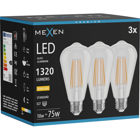 Mexen Vintis 3x Lampadina a filamento LED E27, ST64, 10W, Calda - 2700K, 1320 lm, trasparente - L152-E27-1027-00x03