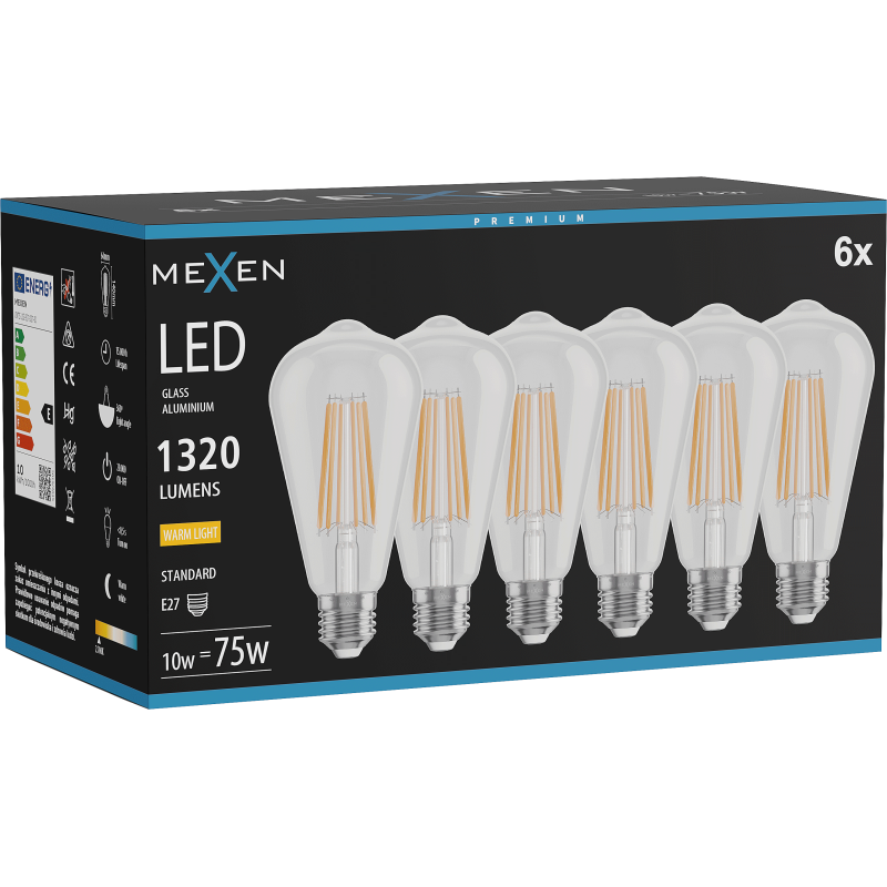 Mexen Vintis 6x LED spuldze ar pavedienu E27, ST64, 10W, Silta - 2700K, 1320 lm, caurspīdīga - L152-E27-1027-00x06