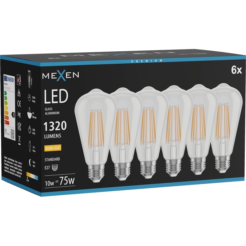 Mexen Vintis 6x żarówka filament LED E27, ST64, 10W, Ciepła - 2700K, 1320 lm, clear - L152-E27-1027-00x06