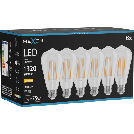 Mexen Vintis 6x LED žarnica filament E27, ST64, 10W, Topla - 2700K, 1320 lm, prozoren - L152-E27-1027-00x06