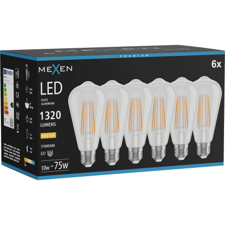 Mexen Vintis 6x żarówka filament LED E27, ST64, 10W, Ciepła - 2700K, 1320 lm, clear - L152-E27-1027-00x06