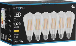 Mexen Vintis 6x LED filamentlambipirn E27, ST64, 10W, Soe - 2700K, 1320 lm, läbipaistev - L152-E27-1027-00x06