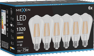 Mexen Vintis 6x LED spuldze ar pavedienu E27, ST64, 10W, Silta - 2700K, 1320 lm, caurspīdīga - L152-E27-1027-00x06