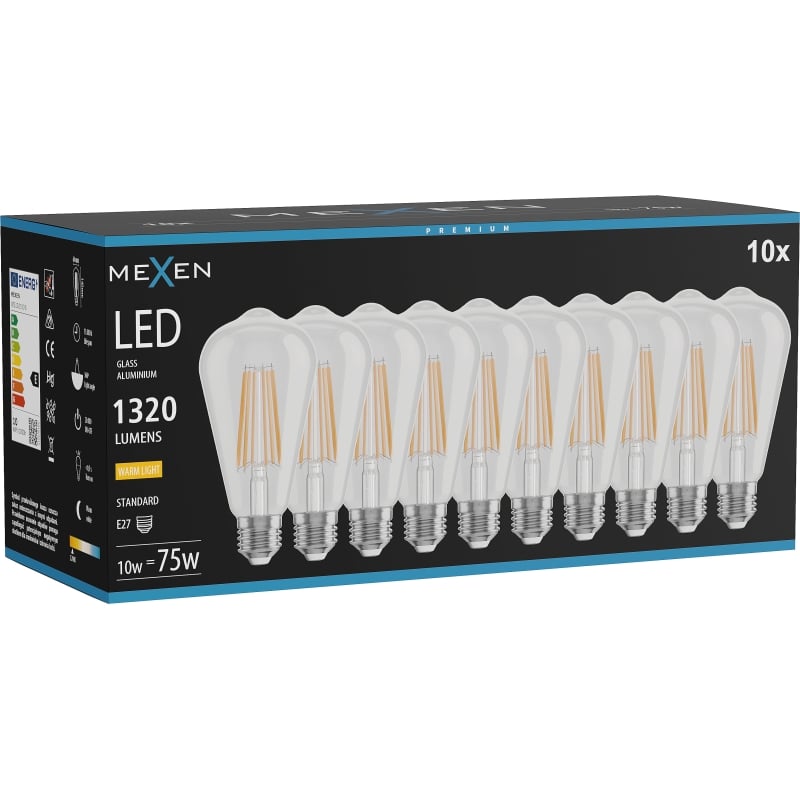 Mexen Vintis 10x LED-filamentlampa E27, ST64, 10W, Varm - 2700K, 1320 lm, klar - L152-E27-1027-00x10