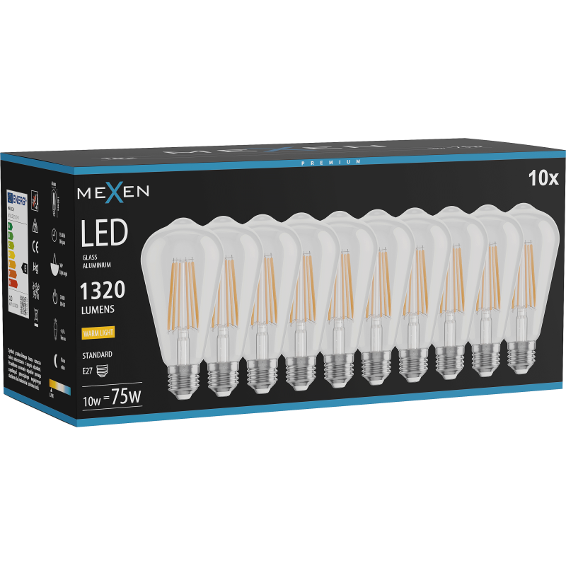 Mexen Vintis 10x Spuldze ar LED pavedienu E27, ST64, 10W, Silta - 2700K, 1320 lm, caurspīdīgs - L152-E27-1027-00x10