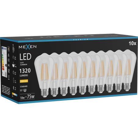 Mexen Vintis 10x lampadina filo LED E27, ST64, 10W, Calda - 2700K, 1320 lm, chiara - L152-E27-1027-00x10