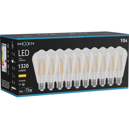 Mexen Vintis 10x Spuldze ar LED pavedienu E27, ST64, 10W, Silta - 2700K, 1320 lm, caurspīdīgs - L152-E27-1027-00x10
