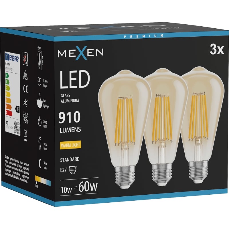 Mexen Vintis 3x LED-filamenttilamppu E27, ST64, 10W, Lämmin - 2700K, 910 lm, meripihka - L152-E27-1027-50x03