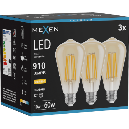 Mexen Vintis 3x LED glödlampa filament E27, ST64, 10W, Varm - 2700K, 910 lm, bärnsten - L152-E27-1027-50x03