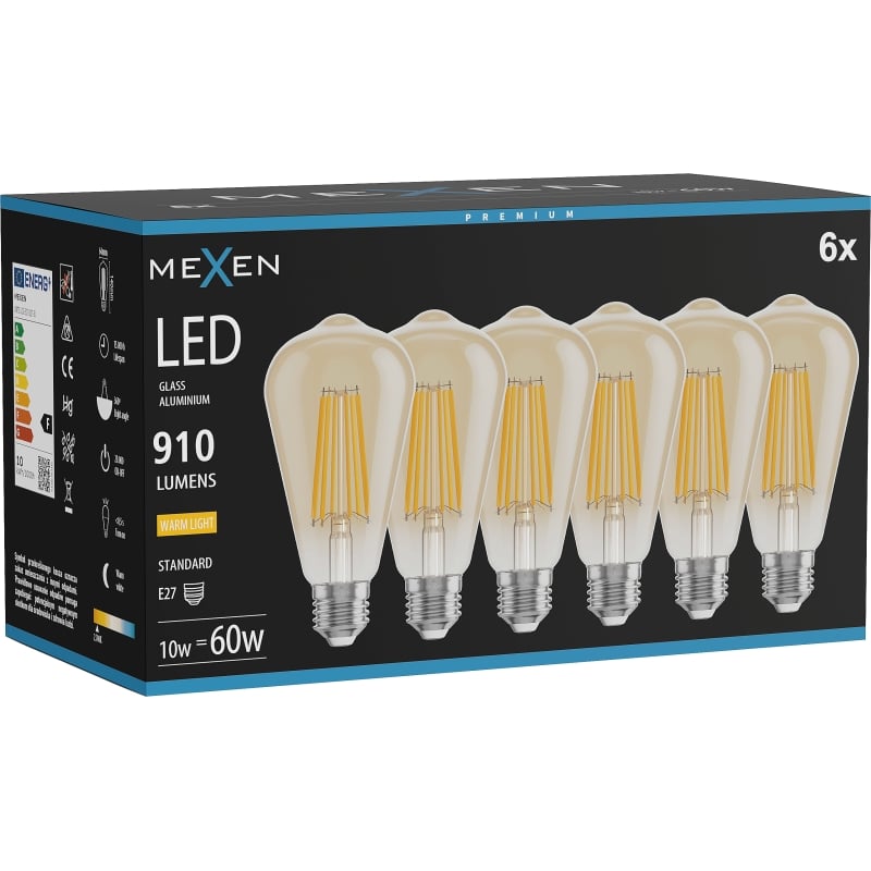 Mexen Vintis 6x LED filamentlampa E27, ST64, 10W, Varm - 2700K, 910 lm, bärnsten - L152-E27-1027-50x06
