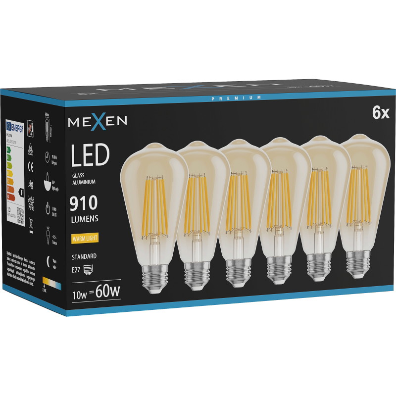 Mexen Vintis 6x żarówka filament LED E27, ST64, 10W, Ciepła - 2700K, 910 lm, amber - L152-E27-1027-50x06