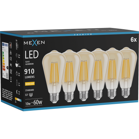 Mexen Vintis 6x LED filamentlampa E27, ST64, 10W, Varm - 2700K, 910 lm, bärnsten - L152-E27-1027-50x06