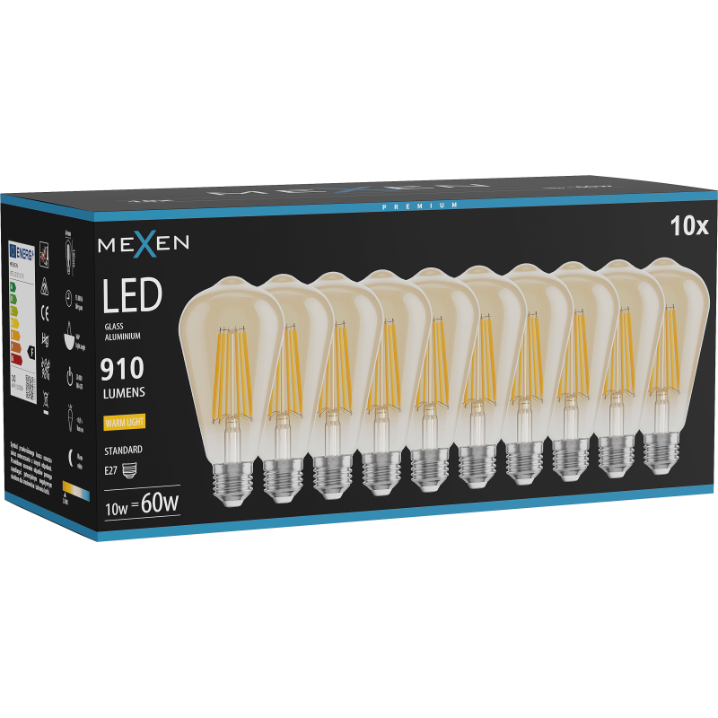 Mexen Vintis 10x LED-Filament-Glühbirne E27, ST64, 10W, Warm - 2700K, 910 lm, amber - L152-E27-1027-50x10