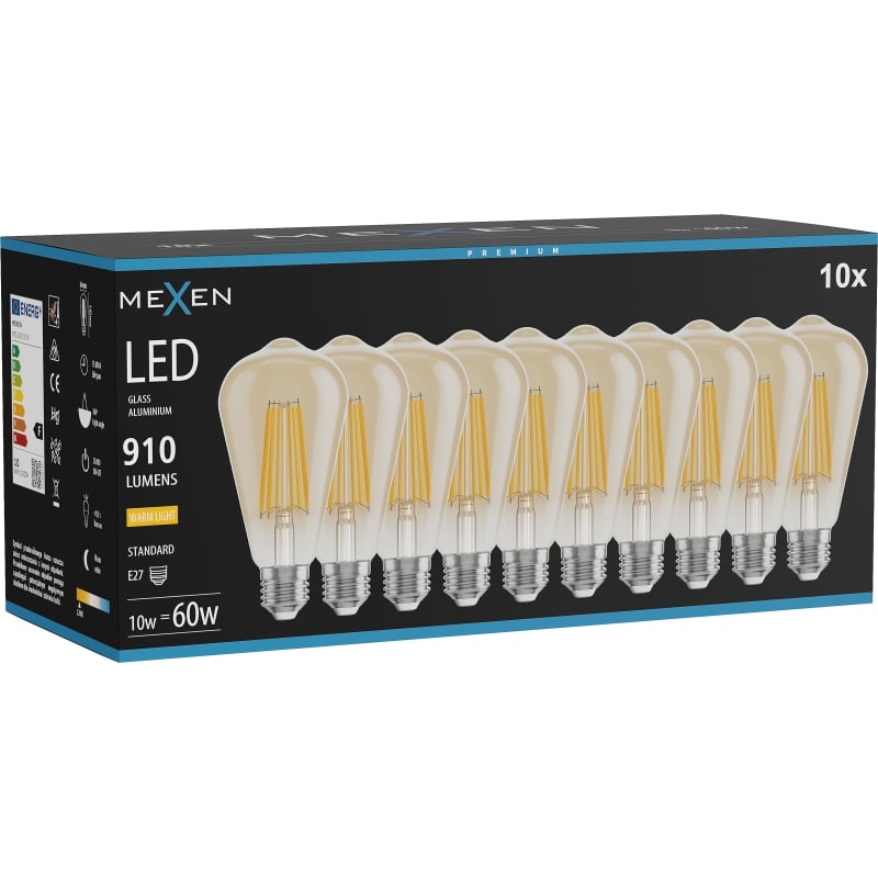 Mexen Vintis 10x żarówka filament LED E27, ST64, 10W, Ciepła - 2700K, 910 lm, amber - L152-E27-1027-50x10