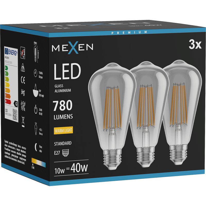 Mexen Vintis 3x Λάμπα filament LED E27, ST64, 10W, Θερμή - 2700K, 780 lm, καπνιστή - L152-E27-1027-70x03