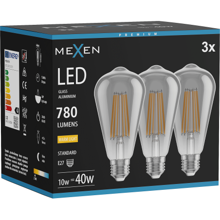 Mexen Vintis 3x ampoule filament LED E27, ST64, 10W, Chaude - 2700K, 780 lm, fumée - L152-E27-1027-70x03