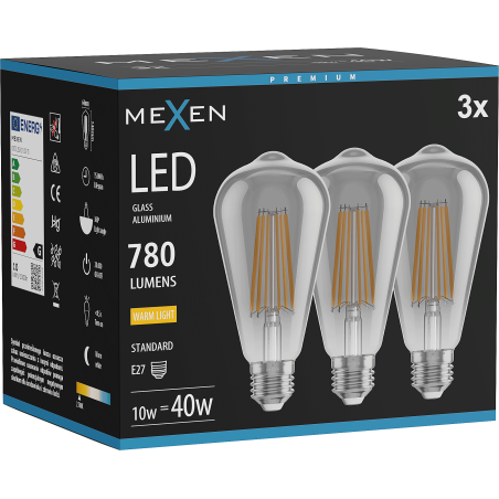 Mexen Vintis 3x Lampadina a filamento LED E27, ST64, 10W, Calda - 2700K, 780 lm, fumè - L152-E27-1027-70x03