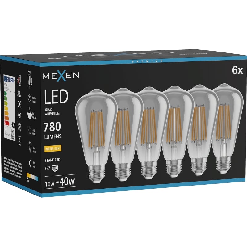 Mexen Vintis 6x LED filamentlampa E27, ST64, 10W, Varm - 2700K, 780 lm, rök - L152-E27-1027-70x06