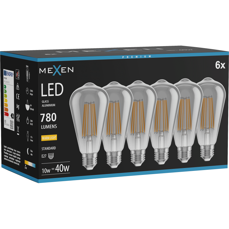 Mexen Vintis 6x LED spuldze ar pavediena diegu E27, ST64, 10W, Silta - 2700K, 780 lm, dūmo - L152-E27-1027-70x06