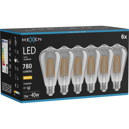 Mexen Vintis 6x LED spuldze ar pavediena diegu E27, ST64, 10W, Silta - 2700K, 780 lm, dūmo - L152-E27-1027-70x06