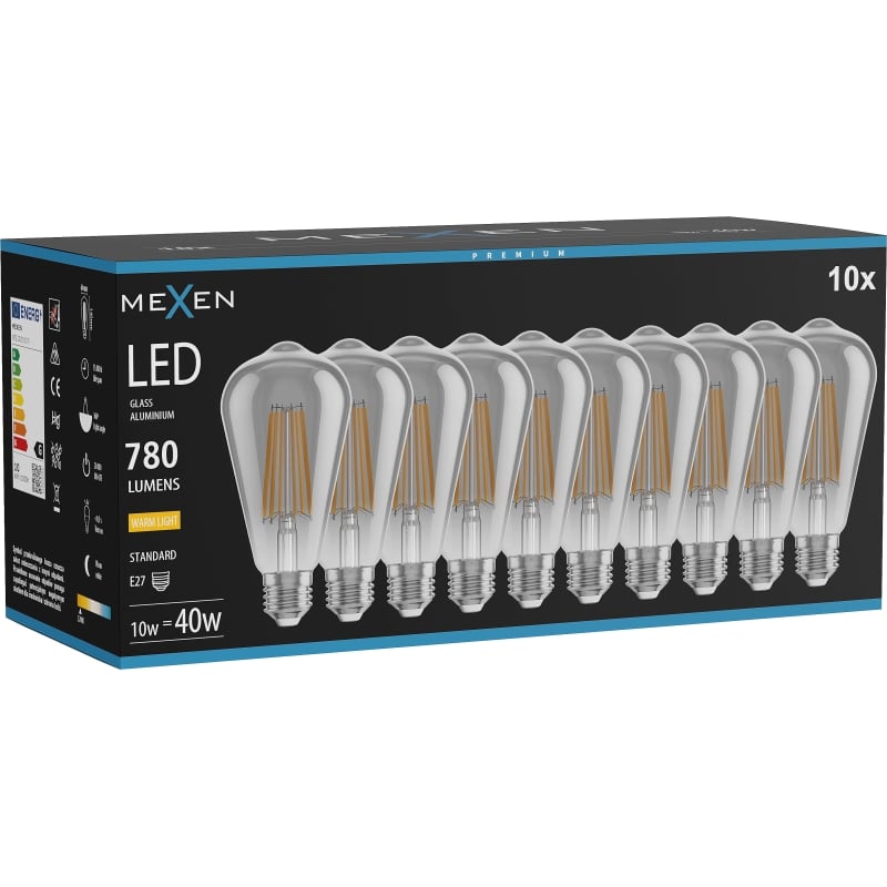 Mexen Vintis 10x lampadina a filamento LED E27, ST64, 10W, Calda - 2700K, 780 lm, fumé - L152-E27-1027-70x10