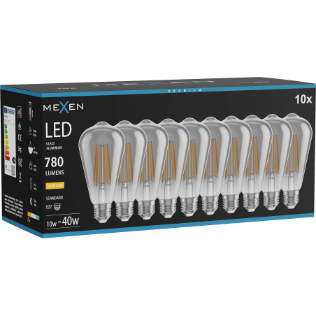 Mexen Vintis 10x LED kvēldiega spuldze E27, ST64, 10W, Silts - 2700K, 780 lm, dūmu - L152-E27-1027-70x10