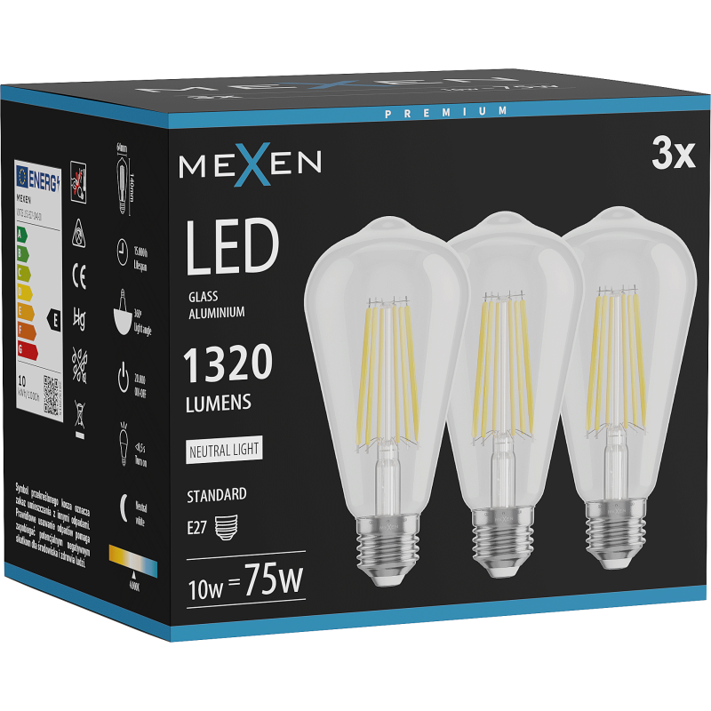 Mexen Vintis 3x Λαμπτήρας filament LED E27, ST64, 10W, Ουδέτερη - 4000K, 1320 lm, διάφανος