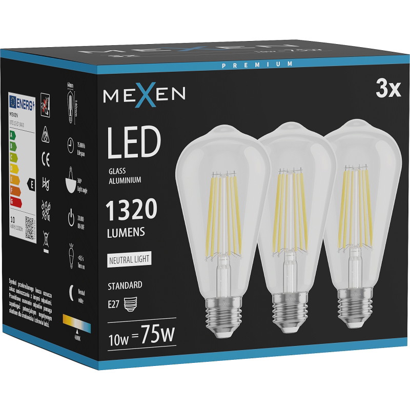 Mexen Vintis 3x żarówka filament LED E27, ST64, 10W, Neutralna - 4000K, 1320 lm, clear - L152-E27-1040-00x03
