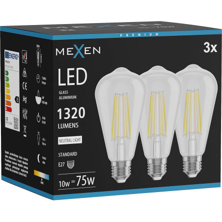 Mexen Vintis 3x Lampadina a filamento LED E27, ST64, 10W, Neutra - 4000K, 1320 lm, chiara - L152-E27-1040-00x03