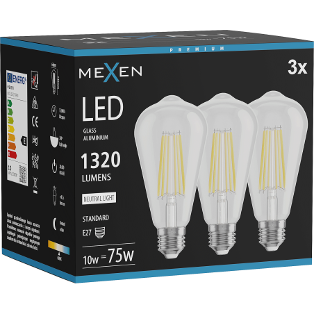 Mexen Vintis 3x LED kvēldiega spuldze E27, ST64, 10W, Neitrāls - 4000K, 1320 lm, caurspīdīgs - L152-E27-1040-00x03