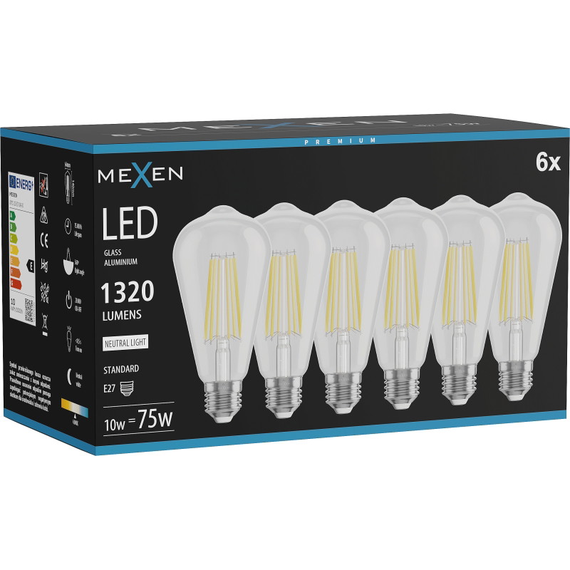 Mexen Vintis 6x LED filamentlampa E27, ST64, 10W, Neutral - 4000K, 1320 lm, klar - L152-E27-1040-00x06