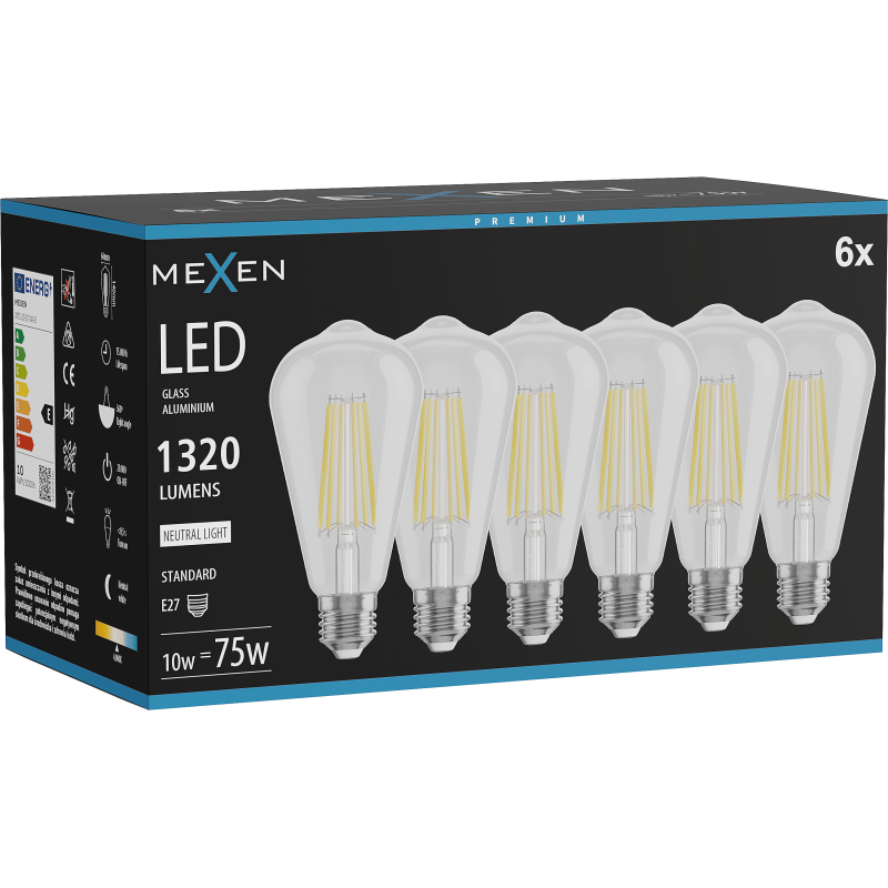 Mexen Vintis 6x LED kvēldiega spuldze E27, ST64, 10W, Neitrāla - 4000K, 1320 lm, caurspīdīga - L152-E27-1040-00x06