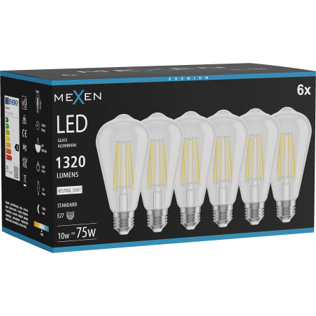 Mexen Vintis 6x LED filamentlampa E27, ST64, 10W, Neutral - 4000K, 1320 lm, klar - L152-E27-1040-00x06