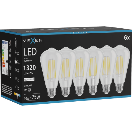 Mexen Vintis 6x LED kvēldiega spuldze E27, ST64, 10W, Neitrāla - 4000K, 1320 lm, caurspīdīga - L152-E27-1040-00x06