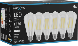 Mexen Vintis 6x LED filamentna žarulja E27, ST64, 10W, Neutralna - 4000K, 1320 lm, prozirna - L152-E27-1040-00x06