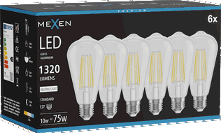 Mexen Vintis 6x LED kvēldiega spuldze E27, ST64, 10W, Neitrāla - 4000K, 1320 lm, caurspīdīga - L152-E27-1040-00x06