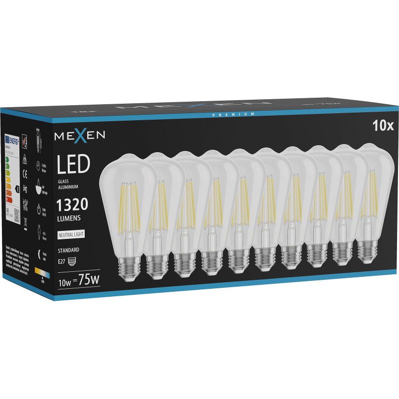 Mexen Vintis 10x LED-filamenttilamppu E27, ST64, 10W, Neutraali - 4000K, 1320 lm, kirkas - L152-E27-1040-00x10