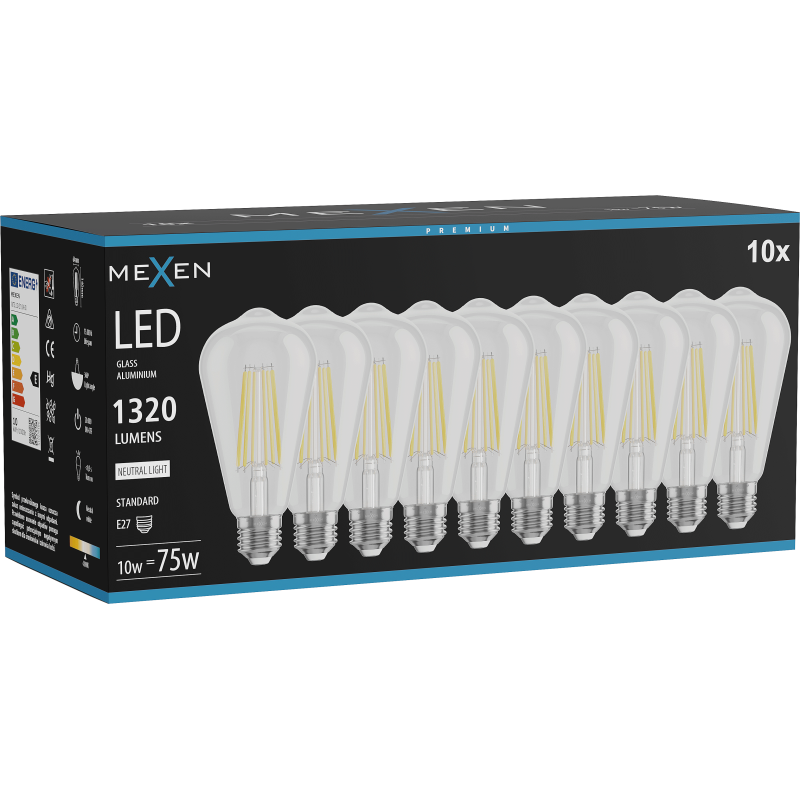 Mexen Vintis 10x LED kvēldiega spuldze E27, ST64, 10W, Neitrāla - 4000K, 1320 lm, caurspīdīga - L152-E27-1040-00x10