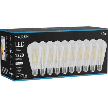 Mexen Vintis 10x LED filamentlampa E27, ST64, 10W, Neutral - 4000K, 1320 lm, klar - L152-E27-1040-00x10