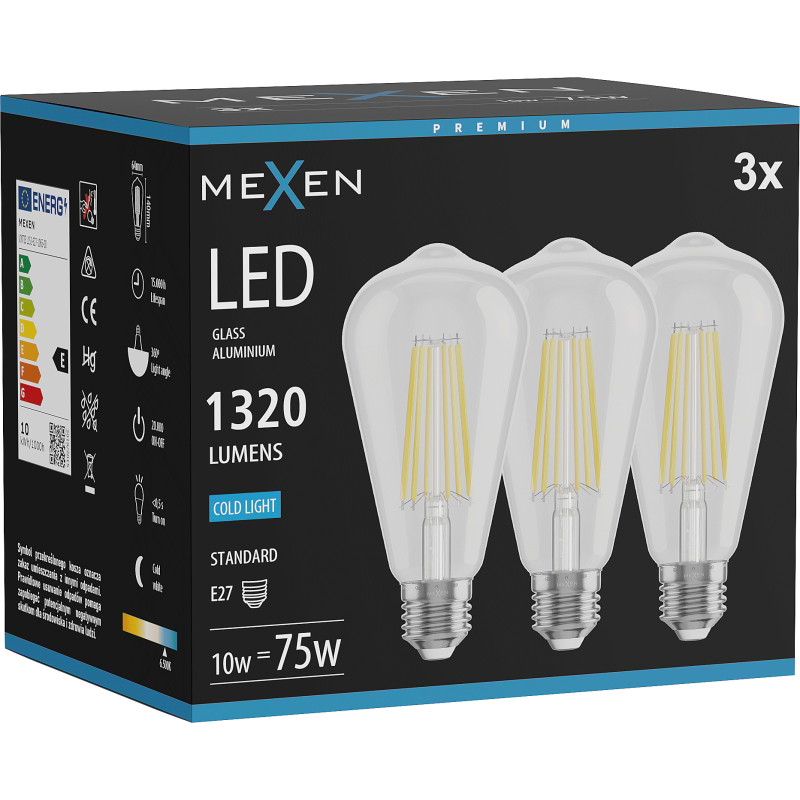 Mexen Vintis 3x Filamentti LED-lamppu E27, ST64, 10W, Kylmä - 6500K, 1320 lm, kirkas - L152-E27-1040-00x03