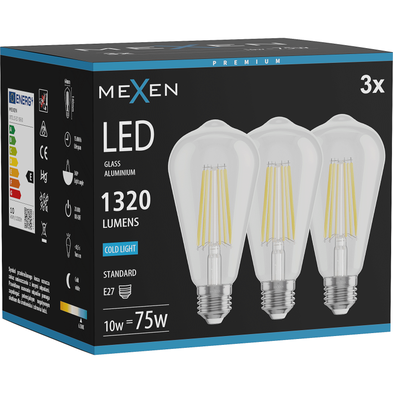 Mexen Vintis 3x LED diegu spuldze E27, ST64, 10W, Auksts - 6500K, 1320 lm, skaidrs - L152-E27-1040-00x03 - L152-E27-1065-00x03