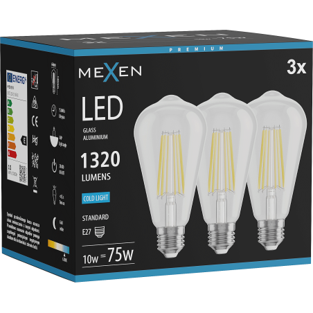 Mexen Vintis 3x Λαμπτήρας νήματος LED E27, ST64, 10W, Ψυχρό - 6500K, 1320 lm, διάφανο -