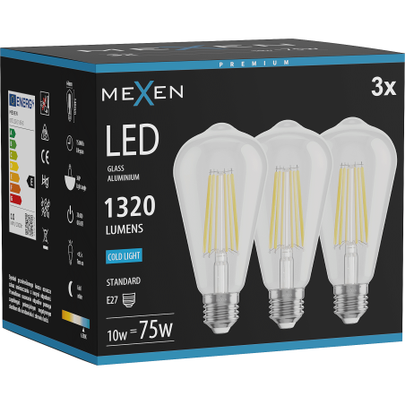 Mexen Vintis 3x LED gloeilamp filament E27, ST64, 10W, Koud - 6500K, 1320 lm, heldere - L152-E27-1040-00x03